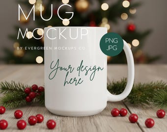 Mockup kerstmok, feestelijke keramische beker van 15 oz voor productfotografie voor de feestdagen