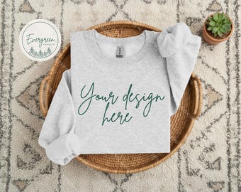 Gildan 18000 Ash mockup, Boho sweatshirt flat lay (digitale downloads)