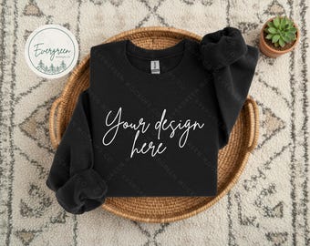Gildan 18000 zwarte mockup, boho sweatshirt flat lay (digitale downloads)