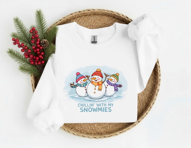 May include: White sweatshirt featuring a cartoon illustration of three snowmen with colorful hats and scarves. The text "Chillin' with my Snowmies" is below the snowmen. The sweatshirt is displayed on a woven tray with decorative greenery.