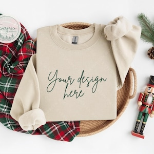 Christmas Gildan 18000 Sand Sweatshirt Mockup, Nutcracker Flat Lay Product Photography for Digital Downloads