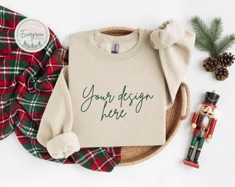 Christmas Gildan 18000 Sand Sweatshirt Mockup, Nutcracker Flat Lay Product Photography for Digital Downloads