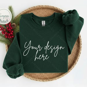 Flat Lay Sweatshirt Mockup, Gildan 18000 Forest, Christmas Product Photography for Digital Downloads