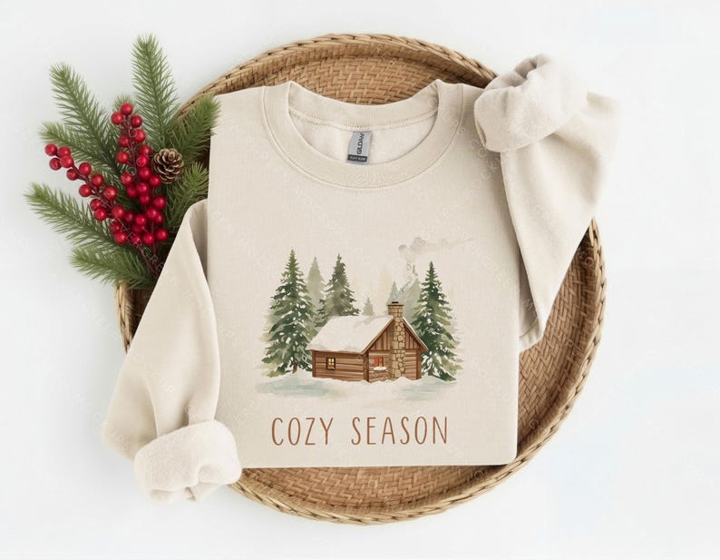 May include: A sand-colored crewneck sweatshirt featuring a watercolor-style graphic of a log cabin nestled among snow-covered pine trees. The text "COZY SEASON" is printed in brown lettering below the cabin illustration on the front of the garment.