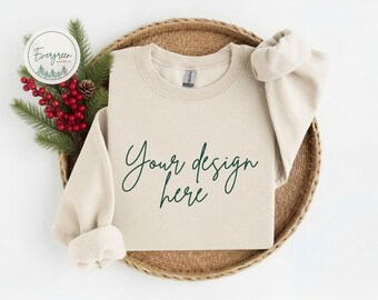 Gildan 18000 Sand Christmas Sweatshirt Mockup, Flat Lay Product Photography for Digital Downloads