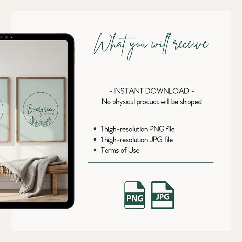 Peut inclure: Un &eacute;cran de tablette affichant une maquette d'art mural encadr&eacute; avec un logo circulaire portant le texte Evergreen et des pins. Le texte indique What you will receive, INSTANT DOWNLOAD, 1 high-resolution PNG file, 1 high-resolution JPG file, et Terms of Use, avec des ic&ocirc;nes PNG et JPG en dessous.