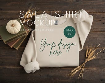 Herfst Gildan 18000 Sand-sweatermodel, platliggend productfotografie voor digitale downloads
