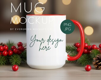 Feestelijke tweekleurige kerstmok mockup, 15oz rode keramische beker voor productfotografie voor de feestdagen