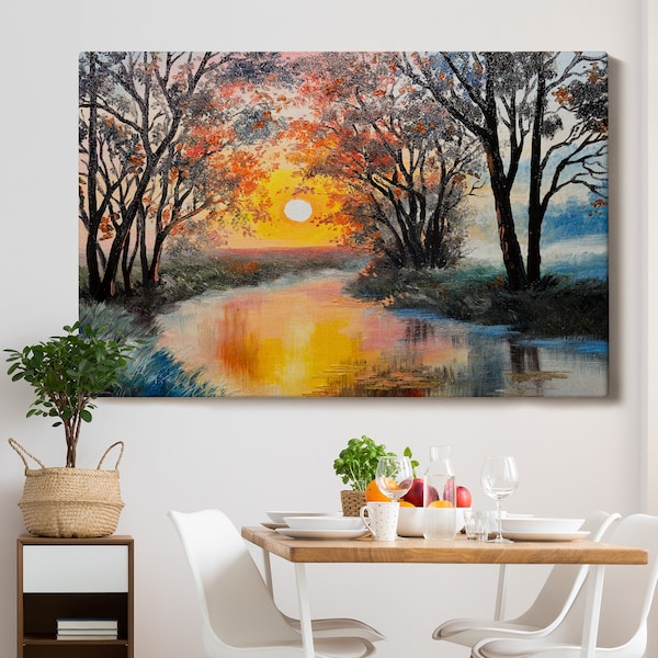 Beautiful Autumn Sunset Wall Art, River And Tree Landscape Portrait, Colorful Artwork, Extra Large Canvas Art, Office And Room Print