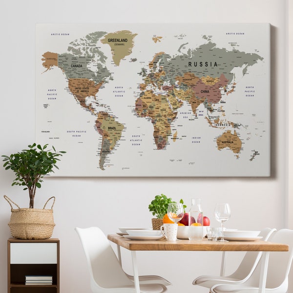 Large World Map Wall Art, Travel Map Canvas Painting, Colorful Map Artwork, Modern Office Poster Decor, Ready to Hang Portrait