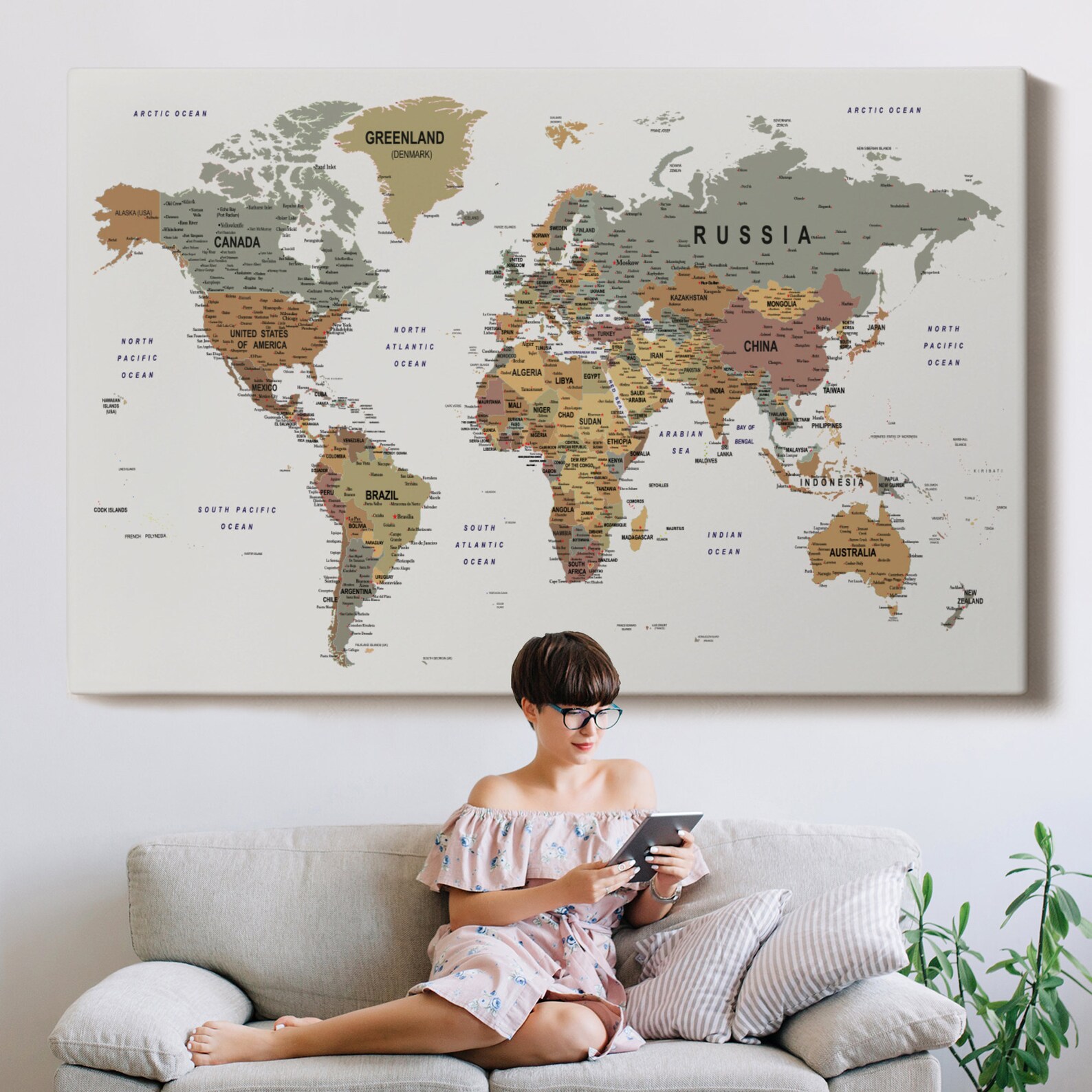 Large World Map Wall Art, Travel Map Canvas Painting, Colorful Map ...