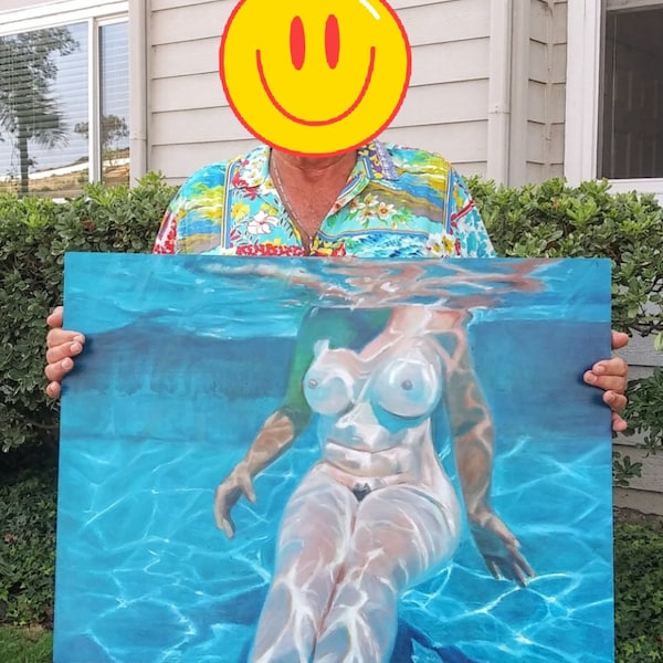 Sirène sensuelle aux gros seins nus dans une toile de piscine 61 x 36 cm