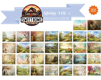 May include: A set of 30 digital spring background papers in a pastel color palette. The papers feature a variety of spring scenes, including blooming trees, flowers, and landscapes. The papers are perfect for scrapbooking, card making, and other crafting projects.  The papers are 8.5 inches by 11 inches and are available in PNG and PDF formats.