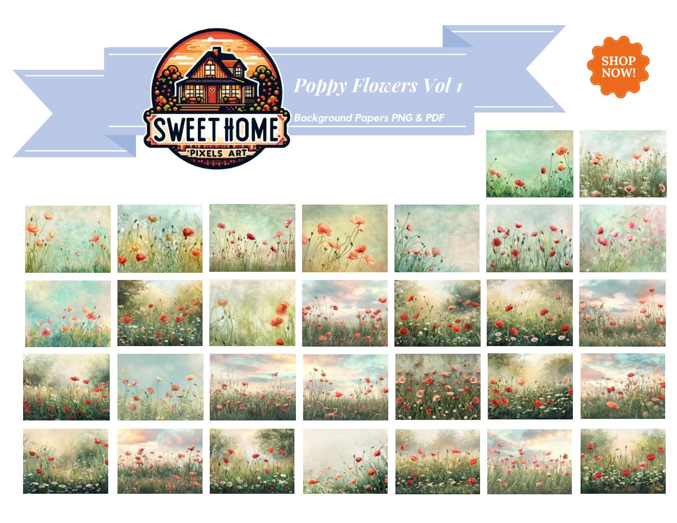Poppy Flowers designed Papers VOL 1, 30 Illustrations ready to use, Junk Journals, Background Papers, Printable PNG & PDF files, Download