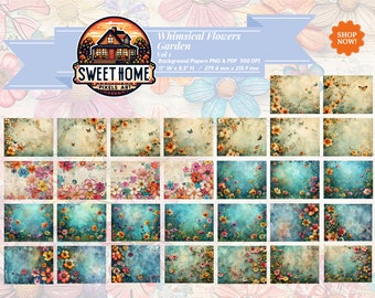 Whimsical Flowers Garden Printable Papers VOL 1, 30 PNG & PDF files for Junk Journal or other Art Projects, Instant Digital Download