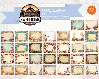 Baking Recipes Printable Papers VOL 1, 30 Illustrations Junk Journals Background Papers Printable PNG & PDF files Download Commercial Use