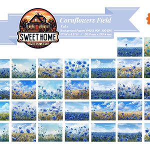 May include: A set of 20 digital background papers featuring a field of blue cornflowers with a blue sky and white clouds. The papers are 11 inches wide by 8.5 inches high and are 300 DPI.