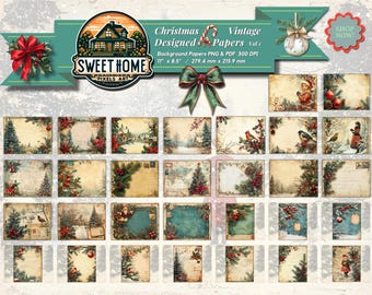 Christmas Vintage Designed Papers Vol 1, 30 Background Papers Junk Journals Scrapbooking, Printable PNG PDF Digital Download Commercial Use