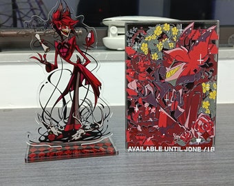 Hazbin Hote Alastor - Cartel de pie con soporte para tablero de ajedrez, borde acrílico de anime Demon Hotel, decoración de mesa