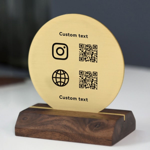 Custom Double QR Code Display Sign, Business Instagram Facebook Google Social Media Salon Sign, Beauty QR code Sign Menu Brass Stand