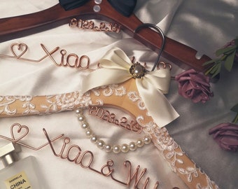 Custom Bridal Hangers with Flower Lace, Personalized Engraved Name Hanger, Wooden Bridesmaid Dress Hanger, Bride to Be Gift Keepsake