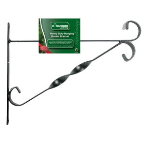 May include: Black metal hanging basket bracket with a twisted design. The bracket is designed to hold a hanging basket. The packaging says "Kingfisher Gardening Heavy Duty Hanging Basket Bracket".