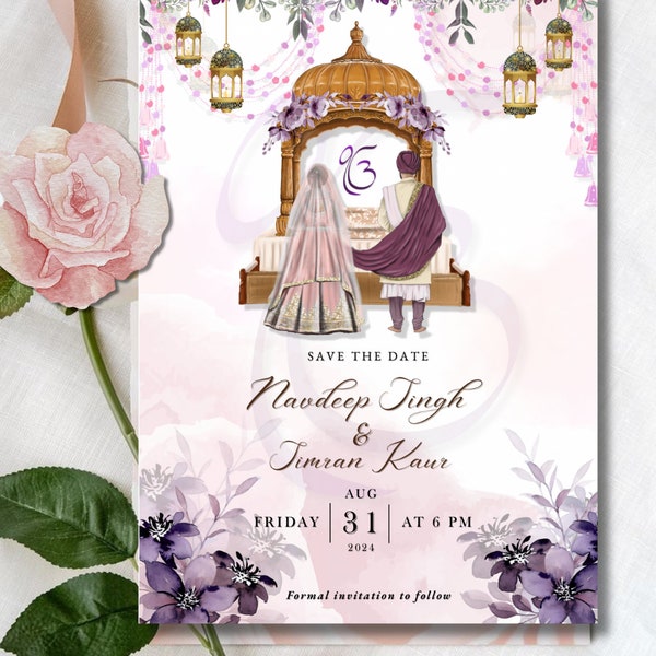 INVITACIÓN DE BODA SIKH, plantilla sikh editable para guardar la fecha, boda digital para guardar la fecha, tarjetas de boda indias, Gurudwara
