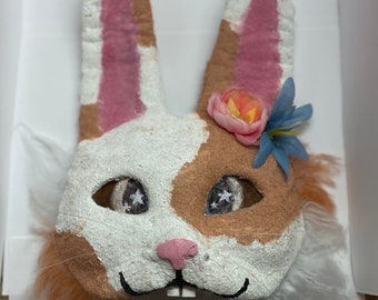 Brown and white bunny therian mask