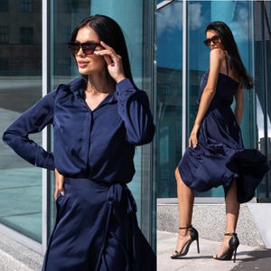 Women&#39;s three-piece suit dark blue. Skirt, T-shirt, classic shirt.Silk set.office to evening outfit