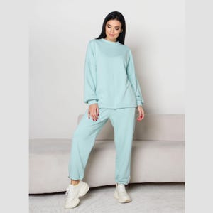 Mint Oversize Suit, Two Piece Set Sweatshirt And Pants, Summer Cotton Tracksuit For Women, High Waist, Loose Fit Sport Suit,knitted casual