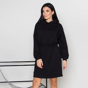 Black dress,Oversize,one size S-L,Casual long sleeve,Dress with hood,Spring Summer,with pockets,knitted,cotton dress,Tricot,sweatshirt dress
