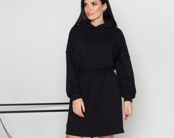 Black dress,Oversize,one size S-L,Casual long sleeve,Dress with hood,Spring Summer,with pockets,knitted,cotton dress,Tricot,sweatshirt dress