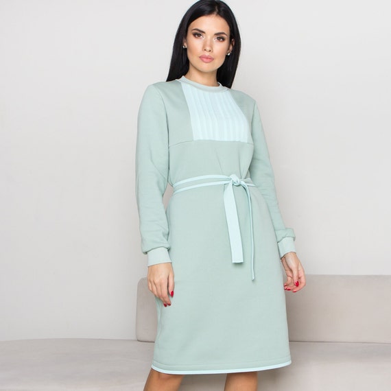 Robe chaude en polaire de coton, menthe, manches longues, avec