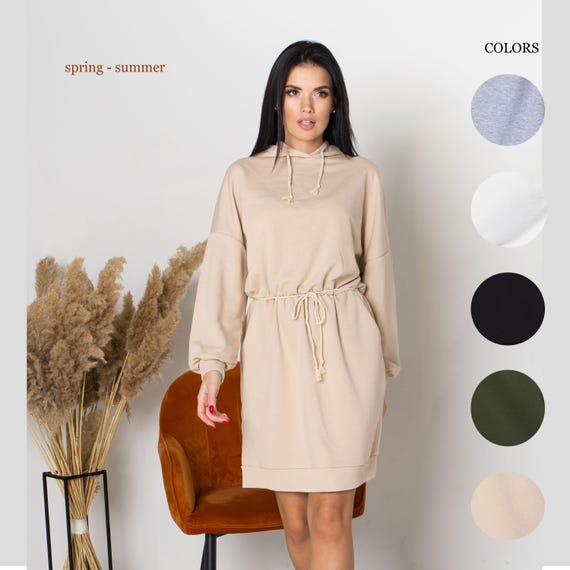 hoodie dress beige Garment Dye Cotton Fleece Hoodie Dress main image 0