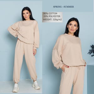 Beige Oversize Suit, Two Piece Set Sweatshirt And Pants, Summer Cotton Tracksuit For Women, High Waist, Loose Fit Sport Suit,knitted casual