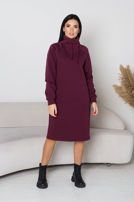 Warm burgundy midi sweatshirt dress, high collar,cotton fleece dress, long raglan sleeves, with pockets, Winter dress, casual sweatshirt.