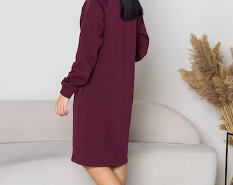 Warm Burgundy Midi Sweatshirt Dress, High Collar,cotton Fleece Dress, Long Raglan Sleeves, With Pockets, Winter Dress, Casual Sweatshirt. - Etsy Warm Burgundy Midi Sweatshirt Dress, High Collar,cotton Fleece Dress, Long Raglan Sleeves, With Pockets, Winter Dress, Casual Sweatshirt. - Etsy
