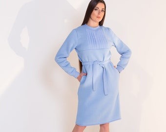 Warm cotton fleece blue dress, long sleeves, with pockets, with belt midi dress.Winter dress, casual, sweatshirt dress, stylish dress.