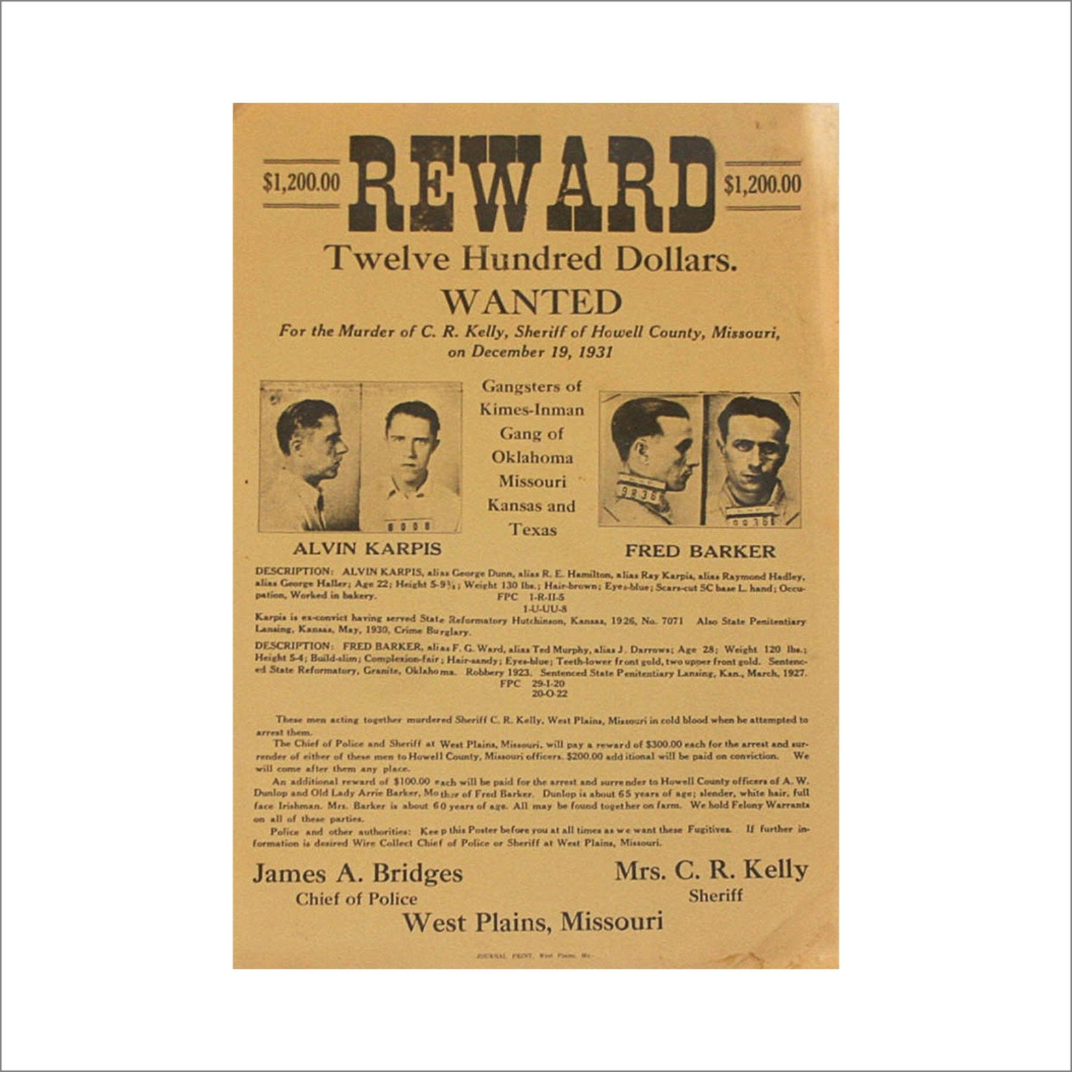 Alvin Karpis and Fred Barker Wanted Poster 1931 - Etsy