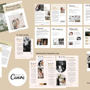 Op de afbeelding: Een verzameling trouwfotografie gidsen en contracten. De afbeelding toont vier covers voor service- en prijsgidsen, plus een fotografie prijsgids. Extra pagina's bevatten klant-e-mails, tips voor de voorbereiding van de trouwdag en prijsarrangementen. De tekst "MADE IN CANVA" is zichtbaar.