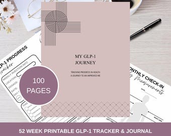 May include: A mauve journal titled "MY GLP-1 JOURNEY" with a geometric design. The journal has 100 pages and includes a tracker for weekly injections and monthly measurements. A pen and flowers are in the background.