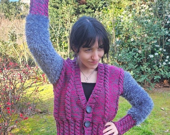 Chunky Knit Pink and Gray Cardigan, Warm Wool Blend Sweater, Handcrafted Cozy Cardi, Women's Gift, Comfy and Stylish, chunky cardigan,