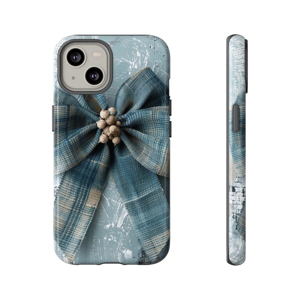 Blue Vintage Plaid Bow Phone Case | Blue Distressed Plaid Ribbon Bow Phone Cover | Blue Shabby iPhone Case | Samsung Galaxy | Tough Case