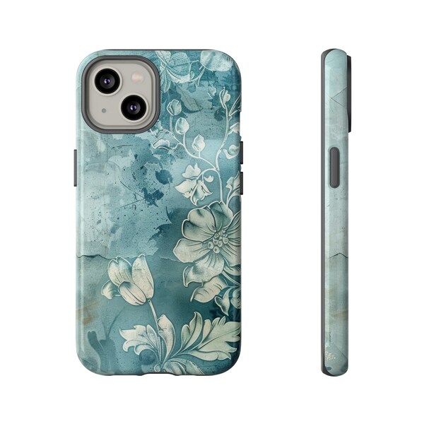 Blue Vintage White Floral Phone Case | Pale Blue White Distressed Flower Phone Cover | Shabby Floral iPhone Case| Samsung Galaxy Tough Case