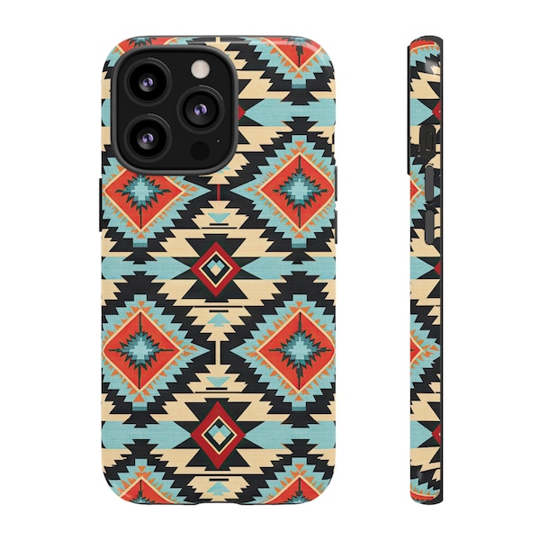 Orange and Turquoise Aztec Print Phone Case | Aztec Print Phone Cover | Autumn Aztec Print iPhone Case| Samsung Galaxy Google Pix Tough Case