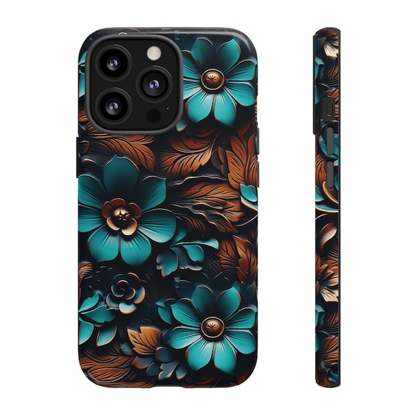 Tooled Leather Look Phone Case| Turquoise Brown Faux Leather Phone Cover | Western iPhone Case | Google Pixel | Samsung Galaxy | Tough Case