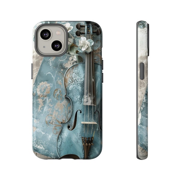 Blue Vintage Violin Floral Phone Case | Distressed Damask Flower Violin Phone Cover | Shabby iPhone Case | Samsung Galaxy | Tough Case