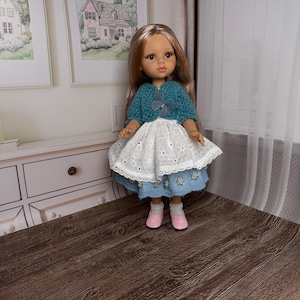Paola Reina outfit / Handmade Dress & Bolero for Paola Reina Doll / Blue and White Outfit with Hand-Embroidered Beads, and Butterfly Accent