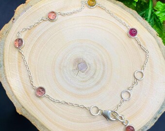Pulseira de Prata de Lei 925 com Turmalina Multicolorida para Uso Diário - Joia Minimalista Boho