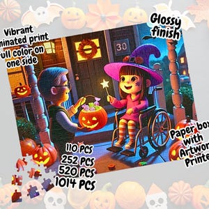 Puede incluir: Un rompecabezas de Halloween con una niña con un disfraz de bruja y un hombre sosteniendo una calabaza tallada. El rompecabezas está disponible en cuatro tamaños: 110, 252, 520 y 1014 piezas. El rompecabezas está impreso en papel laminado con un acabado brillante y viene en una caja de papel con ilustraciones impresas.
